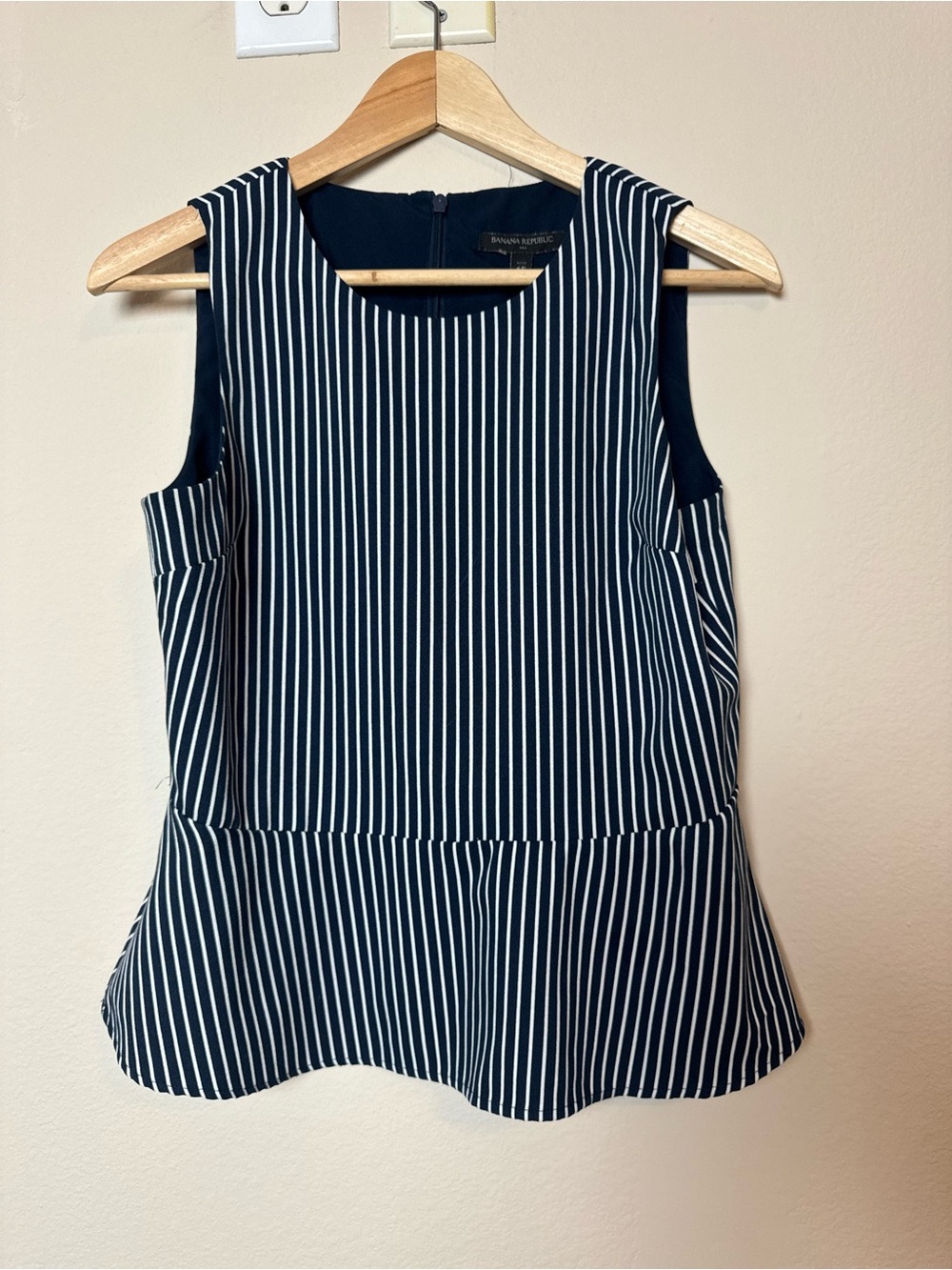 Banana Republic Navy and White Vertical Stripe Peplum Tank